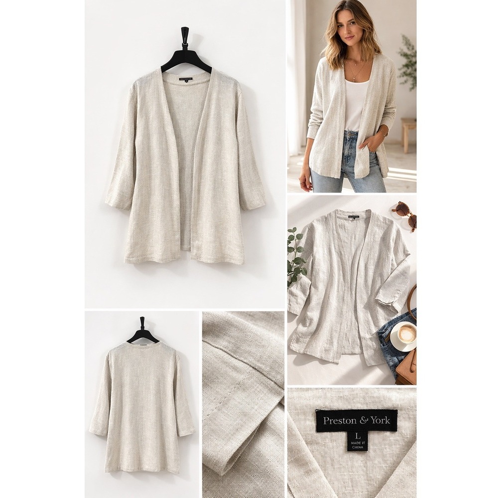 100% Linen Oversized Cardigan W 16 Oatmeal Open Front Wardrobe Staple Lagenlook